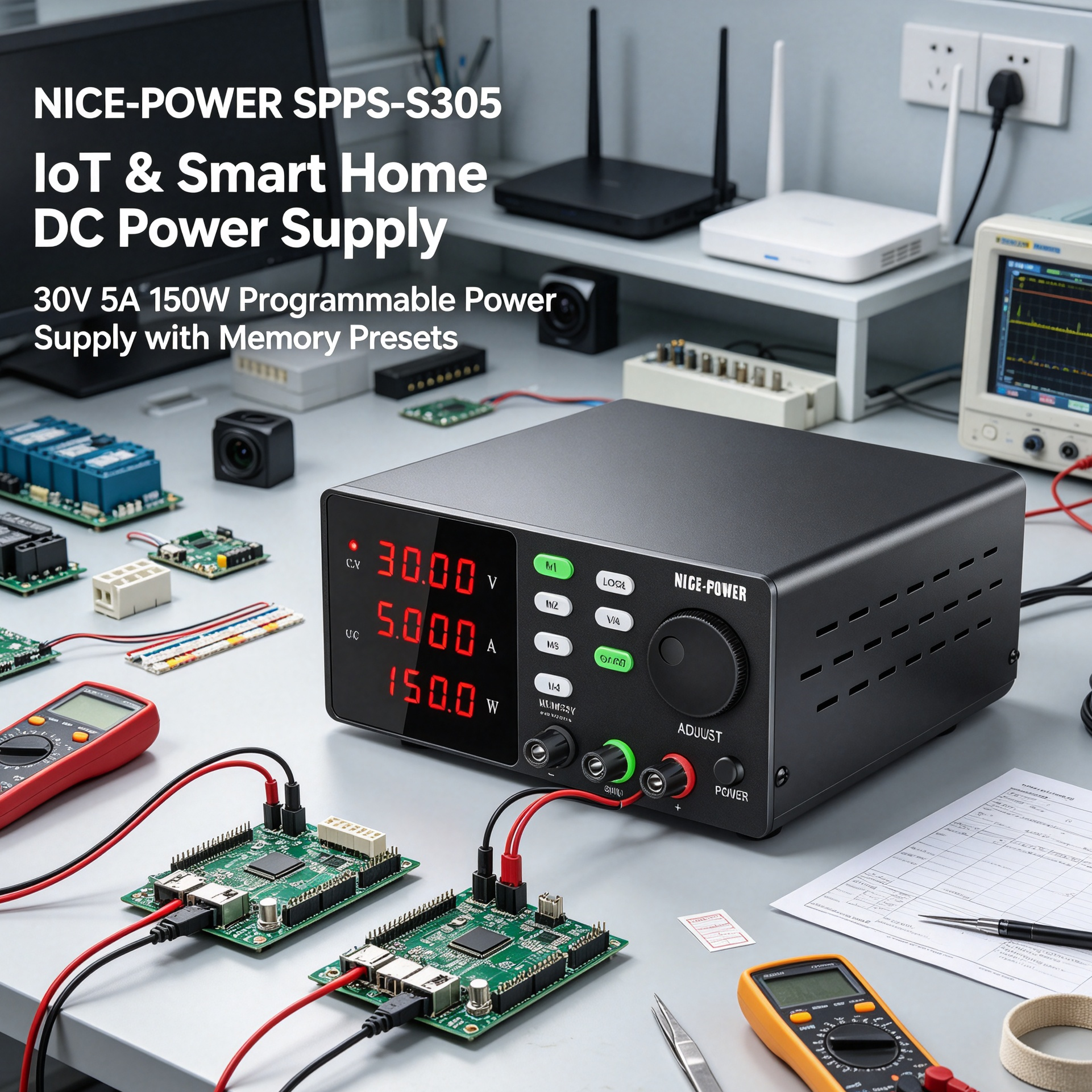 NICE-POWER SPPS-S305 IoT & Smart Home DC Power Supply, 30V 5A 150W Programmable Power Supply with Memory Presets