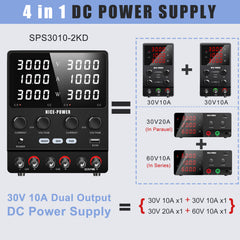 NICE-POWER Variable Voltage Source 30V 10A 300W×2 SPS3010-2KD for Battery Charger Testing