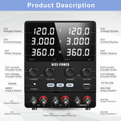 NICE-POWER Voltage Source 120V 3A 360W×2 SPS1203-2KD with Encoder Adjustment for Electrical Component Evaluation