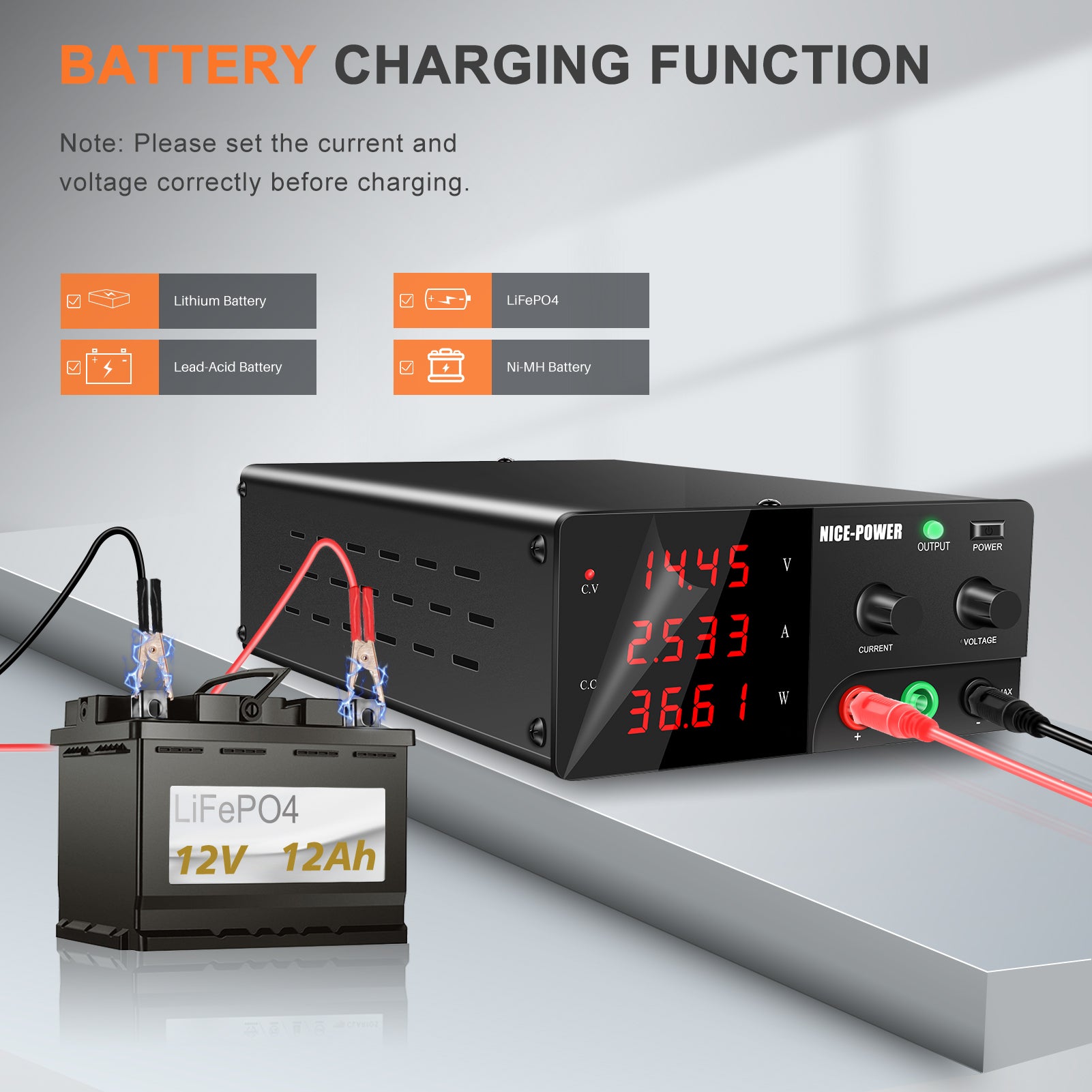 Nice Power 30V 20A 30A High-Power DC Bench Power Supply with Battery charging function