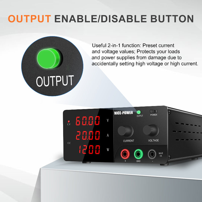 Nice Power R-SPS6020 - 60V 20A 1200W DC High Power Supply with Output Switch Short Circuit Protection
