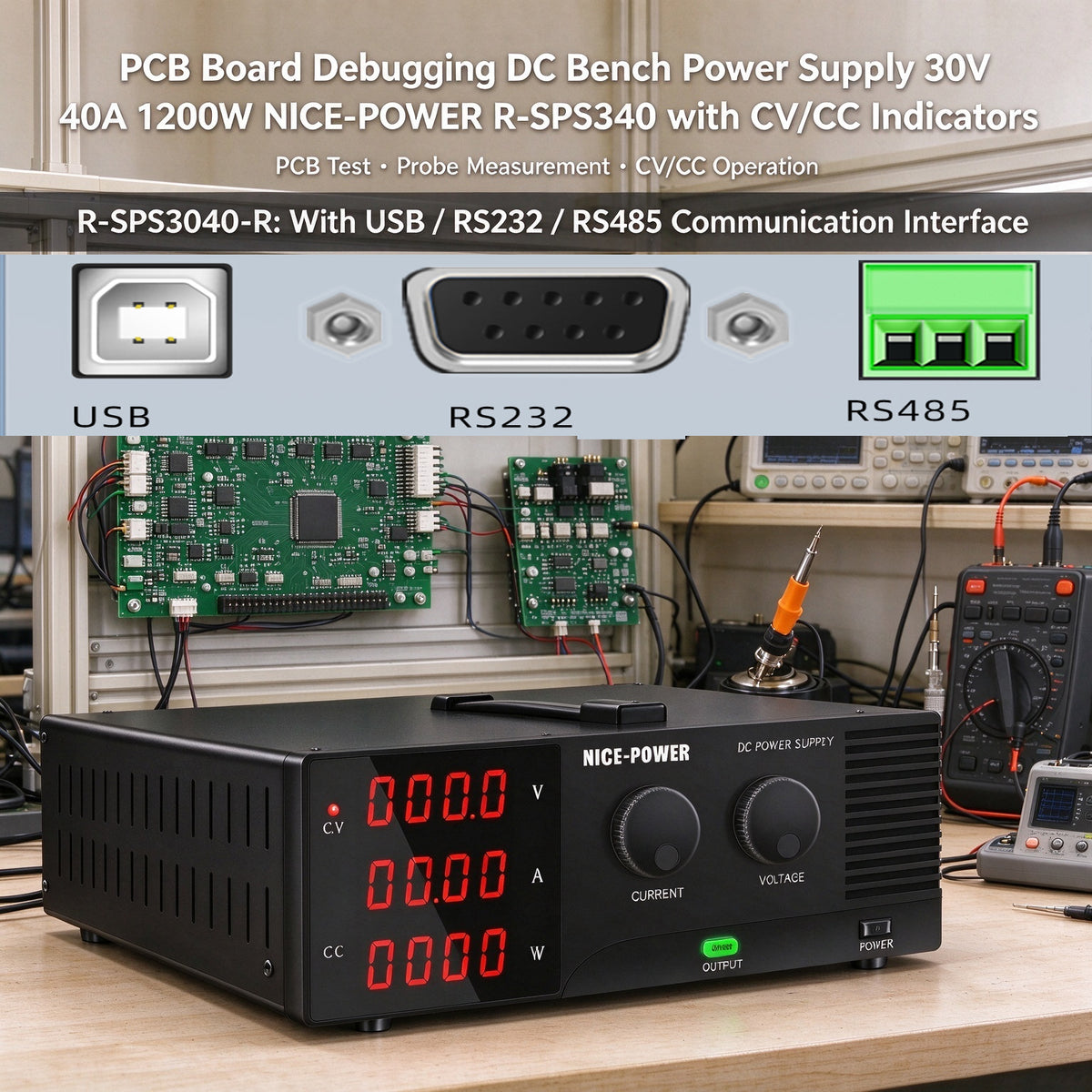 PCB Board Debugging DC Bench Power Supply 30V 40A 1200W NICE-POWER R-SPS3040 with CV/CC Indicators