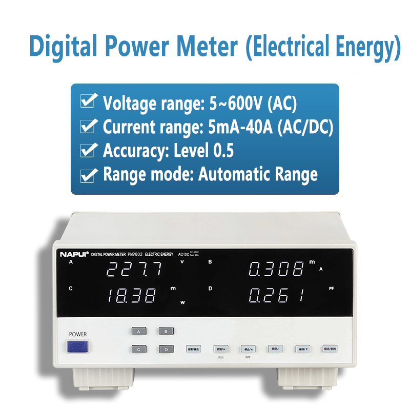 Digital TRMS Power Meter AC DC 600V 20A 40A High-accuracy Bench Power Factor & Power Meter Tester LED digital screen Data Lock