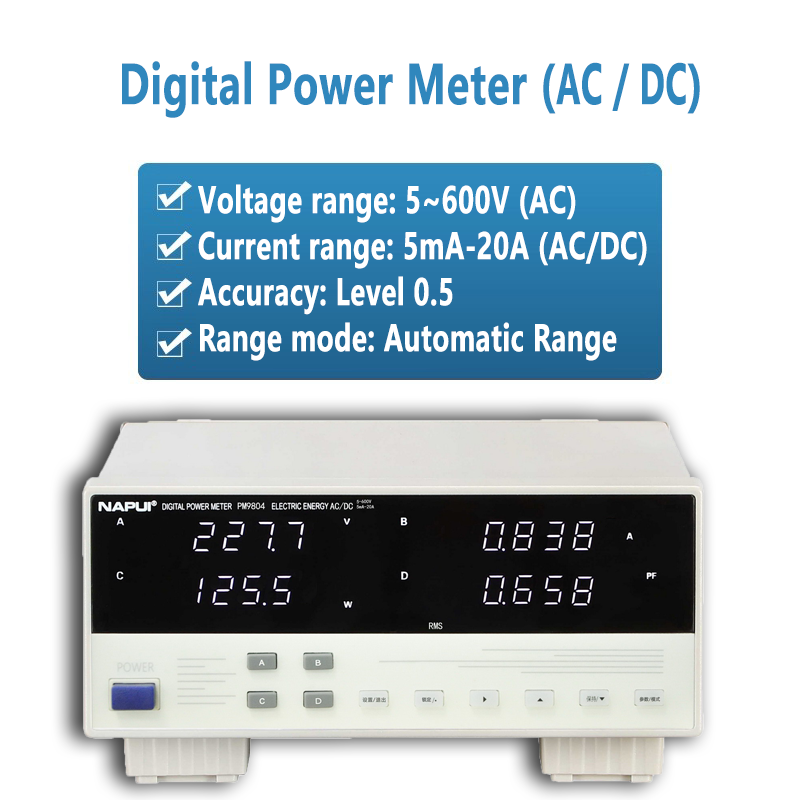 Wattmètre numérique TRMS AC/DC 600 V 20 A/40 A - Testeur de facteur de puissance et de puissance de table haute précision - Écran numérique LED - Verrouillage des données 