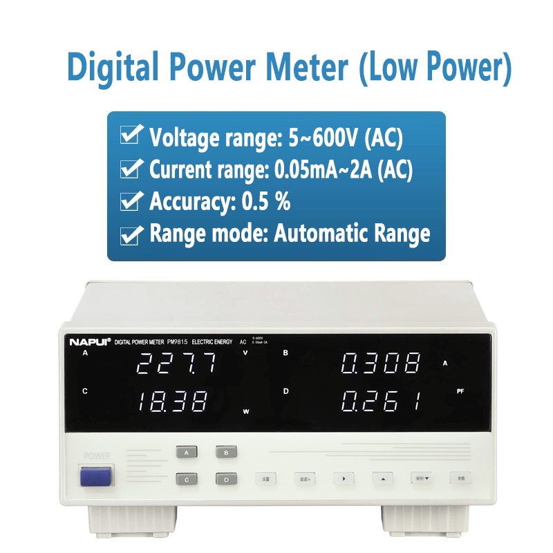 Compteur d'énergie monophasé 600 V 20 A 40 A 2 A 12 kW 24 kW 1,2 kW CA Faible courant Faible puissance Harmoniques Haute précision TRMS de laboratoire 