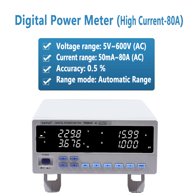 Medidor de potencia monofásico CA digital. Medidores de energía de 5 V a 600 V CA. Corriente de entrada: 20 mA a 40 A / 50 mA a 80 A. Potencia de salida: 0,1 W a 24 kW / 48 kW. Frecuencia de muestreo: 400 Hz. 