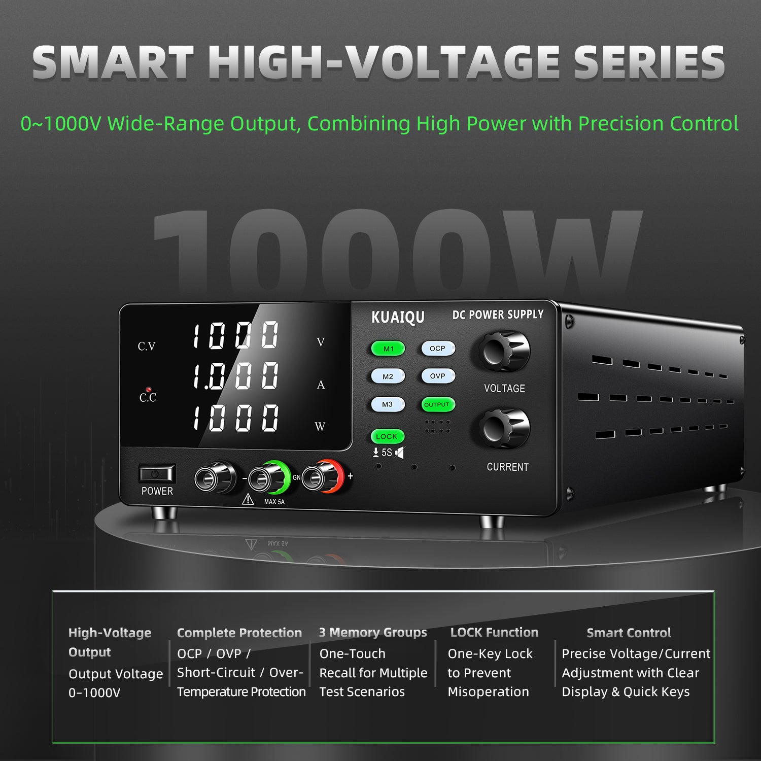 1kV power supply featuring programmable voltage and current control, 1000 volt DC power supply with Modbus RTU support