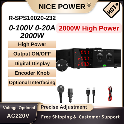 NICE-POWER R-SPS10020-232 - Fuente de alimentación CC de alta potencia de 100 V, 20 A y 2000 W con pantalla de 4 dígitos para reparación de dispositivos electrónicos