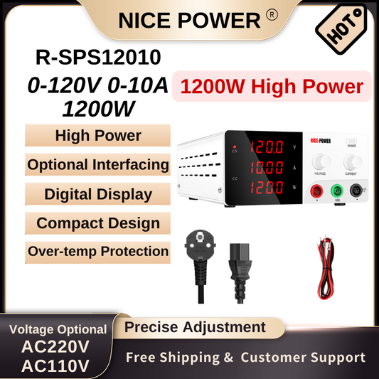 Nice Power R-SPS12010 - Alimentation haute puissance 120 V 10 A 1200 W CC avec affichage numérique et fonctions de protection, blanc