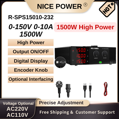 NICE-POWER R-SPS15010-232 - Alimentation CC haute puissance 150 V 10 A 1 500 W avec affichage à 4 chiffres pour l'électronique de précision
