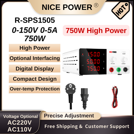 Nice Power R-SPS1505 - Alimentation haute puissance 150 V 5 A 750 W CC avec affichage numérique et fonctions de protection, blanc