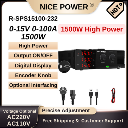 NICE-POWER R-SPS15100-232 - Fuente de alimentación CC de alta potencia de 15 V, 100 A y 1500 W con pantalla de 4 dígitos para electrónica industrial