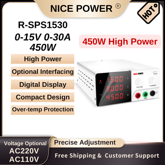 Alimentation haute puissance Nice Power R-SPS1530 - 15 V 30 A 450 W CC avec affichage numérique et fonctions de protection, blanc