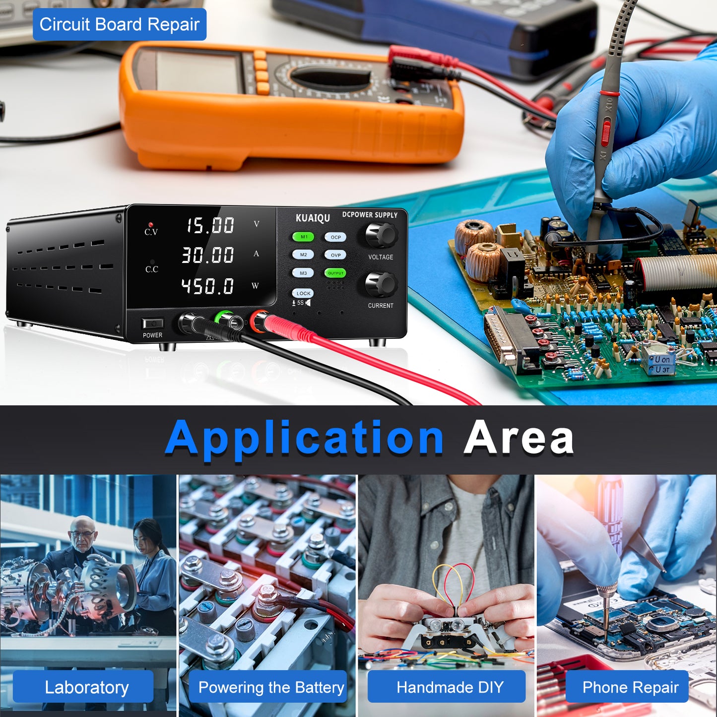 KUAIQU DC Power Supply R-SPS1530C Battery Charging Type 15V 30A 450W with OCP Funtion for 12V Lead Battery Charging Electronic Devices Repairing