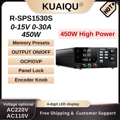 Alimentation CC KUAIQU R-SPS1530S-USB 15 V 30 A, affichage à 4 chiffres, OCP/OVP, programmable USB/RS232, double sortie