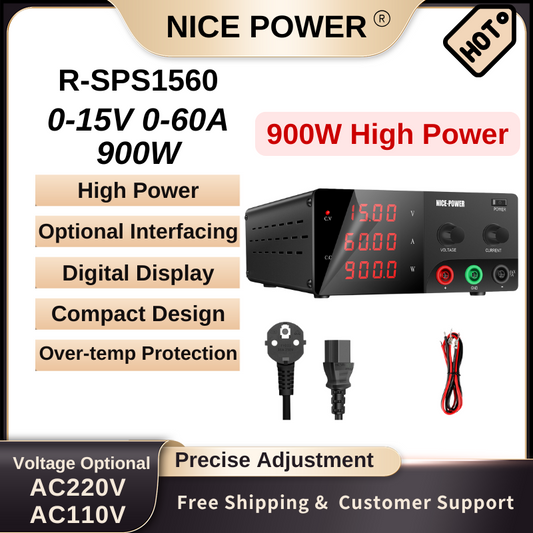 Nice Power R-SPS1560 - Alimentation haute puissance 15 V 60 A 900 W CC avec affichage numérique et fonctions de protection, noir