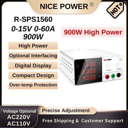 Nice Power R-SPS1560 - Alimentation haute puissance 15 V 60 A 900 W CC avec affichage numérique et fonctions de protection, blanc