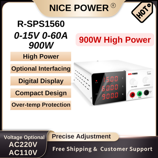 Nice Power R-SPS1560 - Alimentation haute puissance 15 V 60 A 900 W CC avec affichage numérique et fonctions de protection, blanc
