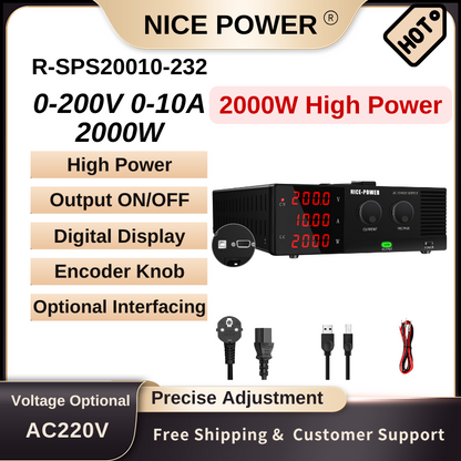 Fuente de alimentación de CC de alta potencia NICE-POWER R-SPS20010-232 de 200 V, 10 A y 2000 W con pantalla de 4 dígitos para reparación de dispositivos electrónicos.