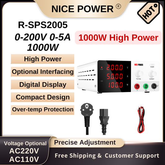 Nice Power R-SPS2005 - Alimentation haute puissance 200 V 5 A 1 000 W CC avec affichage numérique, fonctions réglables et de protection, blanc