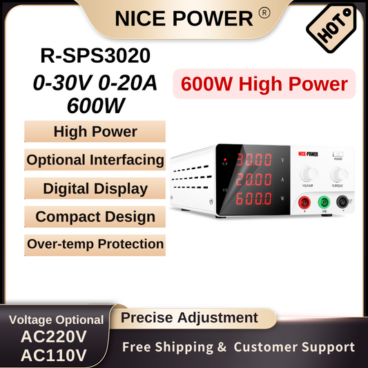 Alimentation haute puissance Nice Power R-SPS3020 - 30 V 20 A 600 W CC avec affichage numérique et fonction de protection, blanc