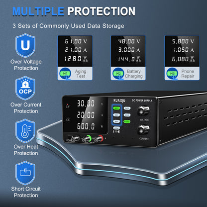 KUAIQU 600W High Power DC Power Supply R-SPS3020C Battery Charge 30V 20A with OCP Function,Buzzer Knob,Dual Output Ports,Memory Groups