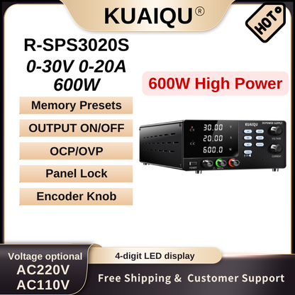 KUAIQU R-SPS3020S-USB 30V 20A DC Power Supply, 4-digit Display, OCP/OVP, USB/RS232 Programmable, Dual Output Ports