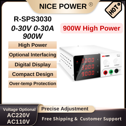 Alimentation haute puissance Nice Power R-SPS3030 - 30 V 30 A 900 W CC avec affichage numérique et protection (blanc)