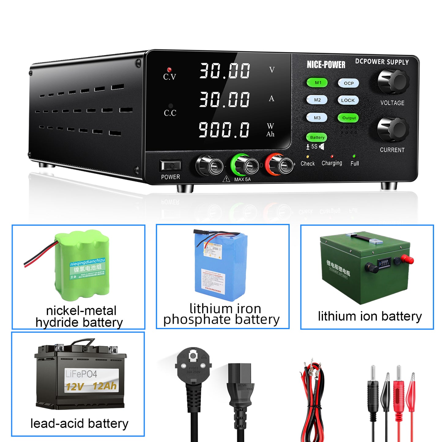 KUAIQU 900W 30V 30A High Power DC Power Supply R-SPS3030C with Battery Charging Protections for Battery Charge,Panel Lock Button