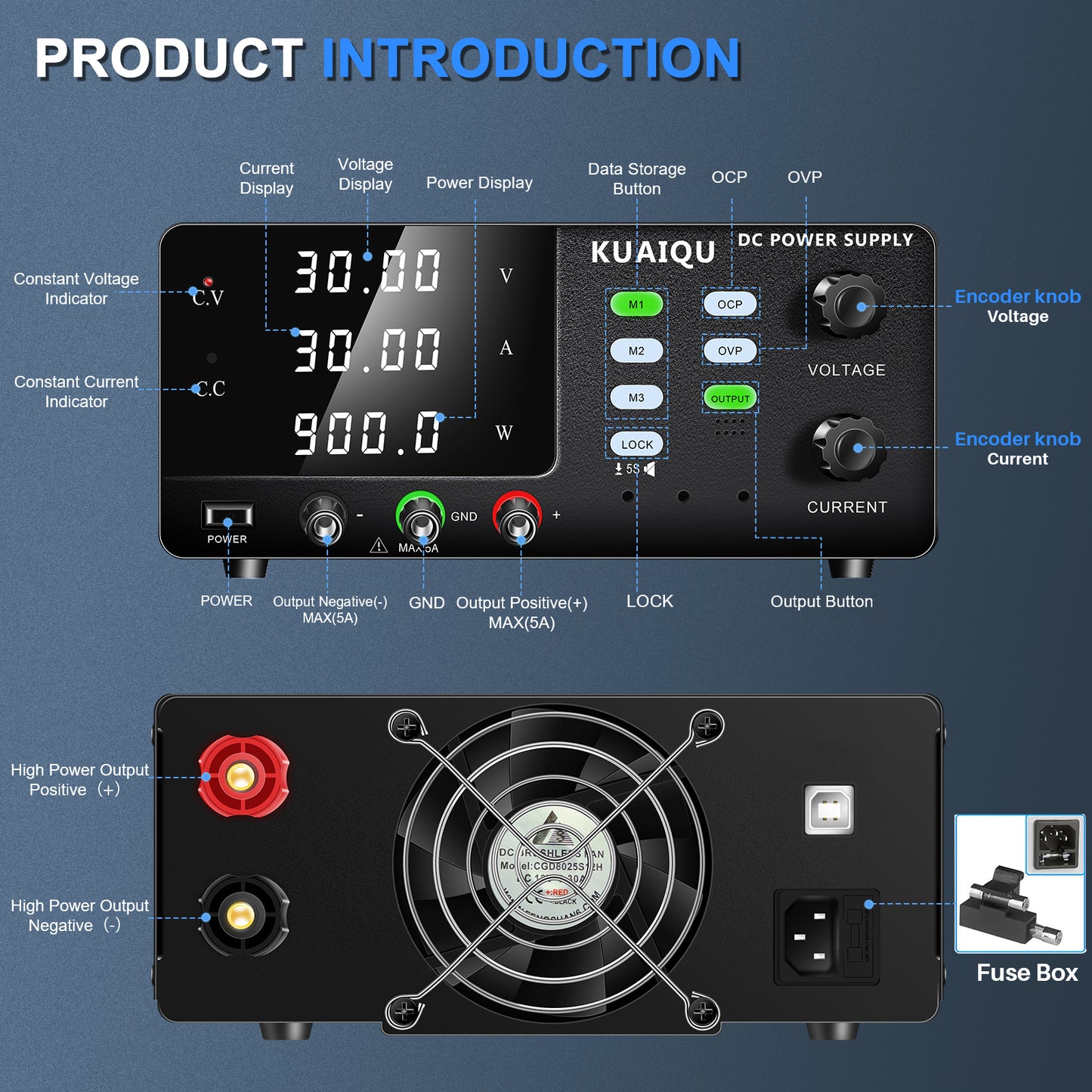 KUAIQU 900W 30V 30A High Power DC Power Supply R-SPS3030C with Battery Charging Protections for Battery Charge,Panel Lock Button