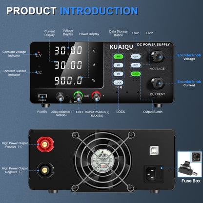 KUAIQU 900W 30V 30A High Power DC Power Supply R-SPS3030C with Battery Charging Protections for Battery Charge,Panel Lock Button