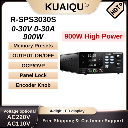 Alimentation CC KUAIQU R-SPS3030S-USB 30 V 30 A, affichage 4 chiffres, OCP/OVP, programmable USB/RS232, double sortie