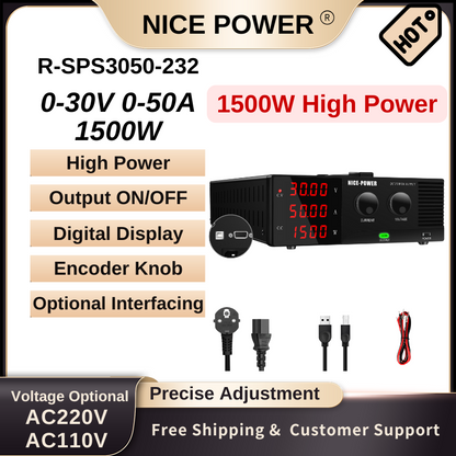 NICE-POWER R-SPS3050-232 - Fuente de alimentación CC de alta potencia de 30 V, 50 A y 1500 W con pantalla de 4 dígitos para reparación de dispositivos electrónicos