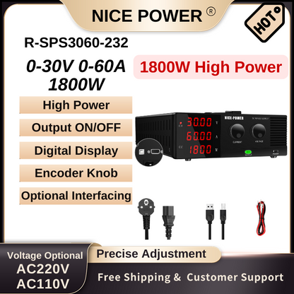 NICE-POWER R-SPS3060-232 - Fuente de alimentación CC de alta potencia de 30 V, 60 A y 1800 W con pantalla de 4 dígitos para reparación de dispositivos electrónicos