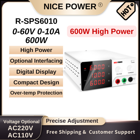 Nice Power R-SPS6010 - Alimentation haute puissance 60 V 10 A 600 W CC avec affichage numérique et protection (blanc)