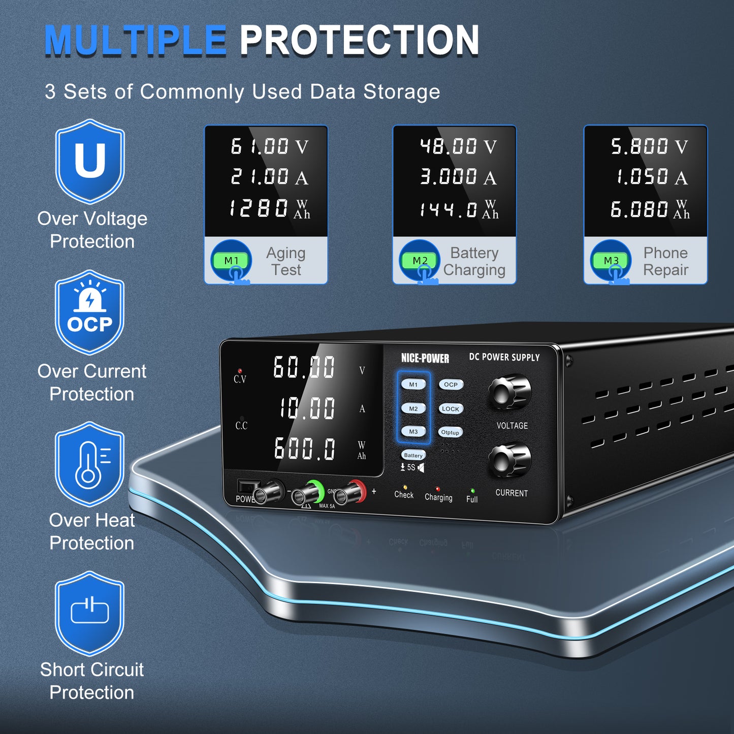 KUAIQU R-SPS6010C 60V 10A High Power Supply Unit Preset Current Function Battery Charging Unit 32V 48V Lab/Industry Texting