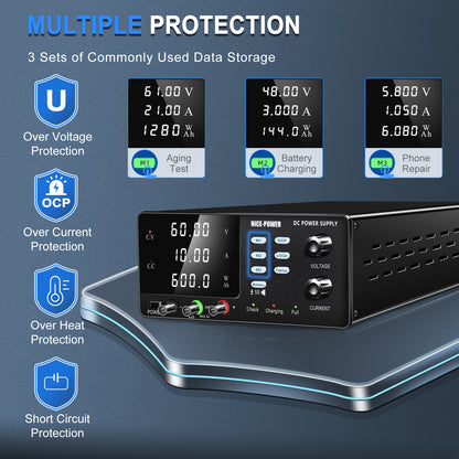 KUAIQU R-SPS6010C 60V 10A High Power Supply Unit Preset Current Function Battery Charging Unit 32V 48V Lab/Industry Texting