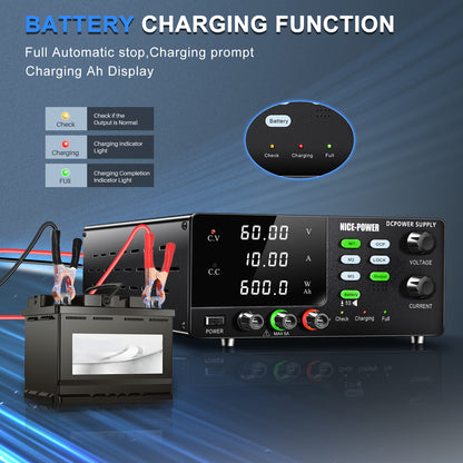 KUAIQU R-SPS6010C 60V 10A High Power Supply Unit Preset Current Function Battery Charging Unit 32V 48V Lab/Industry Texting
