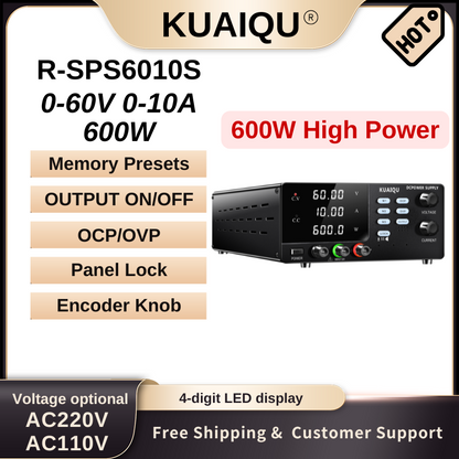 KUAIQU R-SPS6010S-USB 60V 10A DC Power Supply, 4-digit Display, OCP/OVP, USB/RS232 Programmable, Dual Output Ports