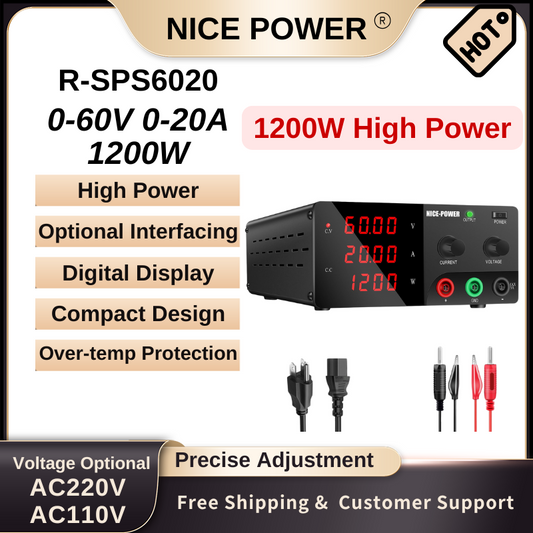 Nice Power R-SPS6020 - Alimentation haute puissance 60 V 20 A 1 200 W CC avec affichage numérique et protection, noir