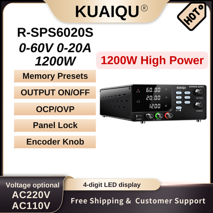 KUAIQU R-SPS6020S-USB 60V 20A DC Power Supply, 4-digit Display, OCP/OVP, USB/RS232 Programmable, Dual Output Ports