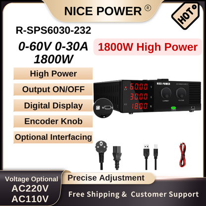 NICE-POWER R-SPS6030-232 - Fuente de alimentación CC de alta potencia de 60 V, 30 A y 1800 W con pantalla de 4 dígitos para reparación de dispositivos electrónicos