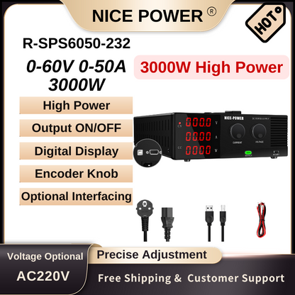 NICE-POWER R-SPS6050-232 - Fuente de alimentación CC de alta potencia de 60 V, 50 A y 3000 W con pantalla de 4 dígitos para electrónica industrial