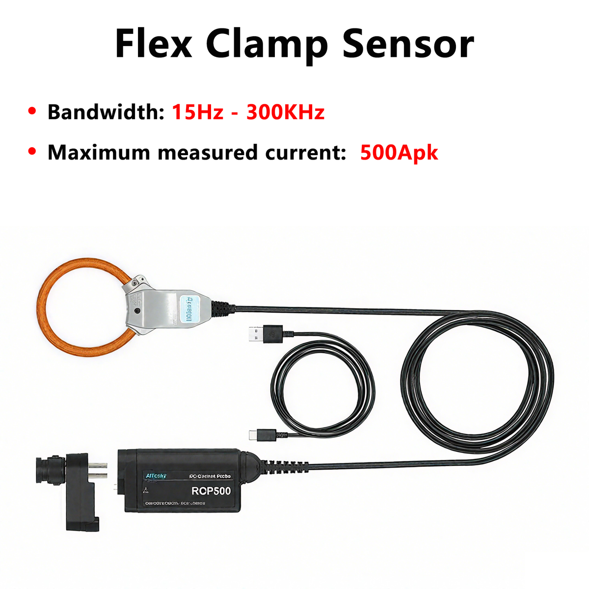 Flexible AC current probe Rogowski 15Hz ~ 300KHz Bandwidth Maximum measured current 500Apk accuracy 0.1% with adapter