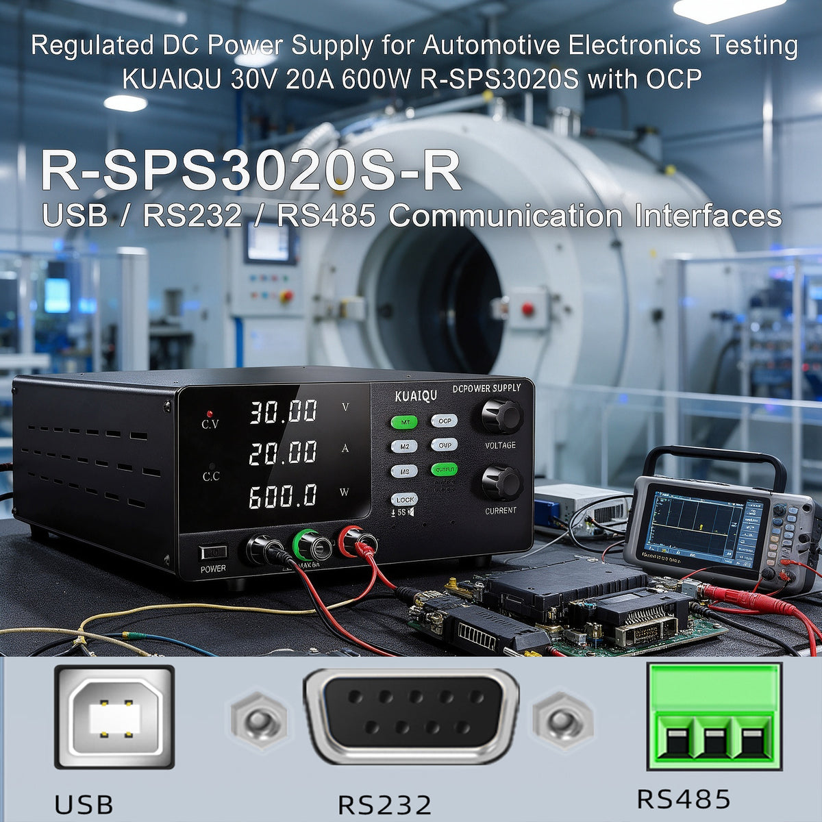 Regulated DC Power Supply for Automotive Electronics Testing KUAIQU 30V 20A 600W R-SPS3020S with OCP