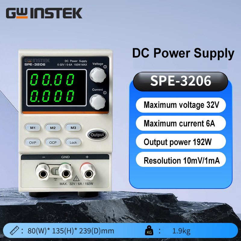 Fuente de alimentación CC GWinstek SPE-3206 32 V 6 A 192 W Resolución 10 mV/1 mA Salida Función de bloqueo OCP Función de memoria OVP M1 - M3 