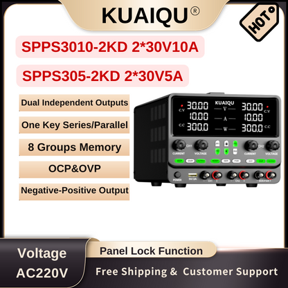 KUAIQU SPPS3010-2KD - Alimentation double canal 30 V 10 A avec mode 4 en 1, OCP/OVP, stockage mémoire et série/parallèle à une touche