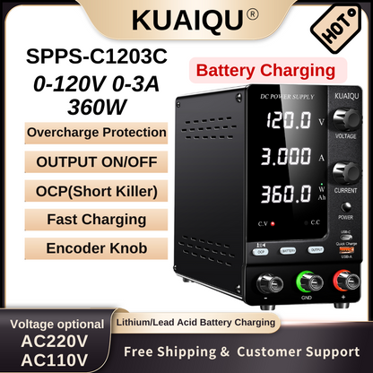 Chargeur de batterie numérique KUAIQU SPPS-C1203C 120 V 3 A avec contrôle par encodeur pour batteries au lithium, batteries au plomb et outils électriques