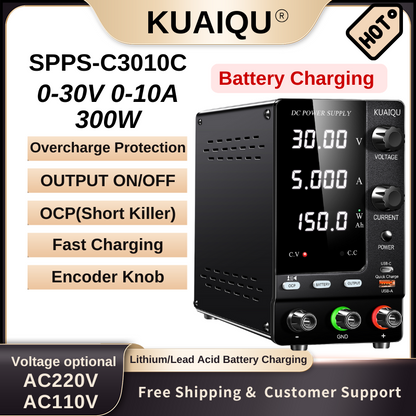 Chargeur de batterie numérique KUAIQU SPPS-C3010C 30 V 10 A avec contrôle par encodeur pour batteries au lithium, batteries au plomb et outils électriques