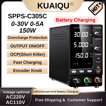 Chargeur de batterie numérique KUAIQU SPPS-C305C 30 V 5 A avec contrôle par encodeur pour batteries au lithium, batteries au plomb et outils électriques